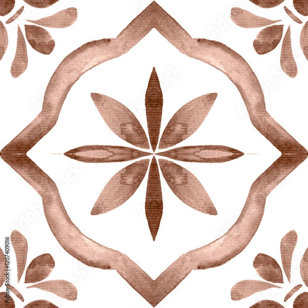 Obraz Watercolor Azulejos Tile in Mocha tones