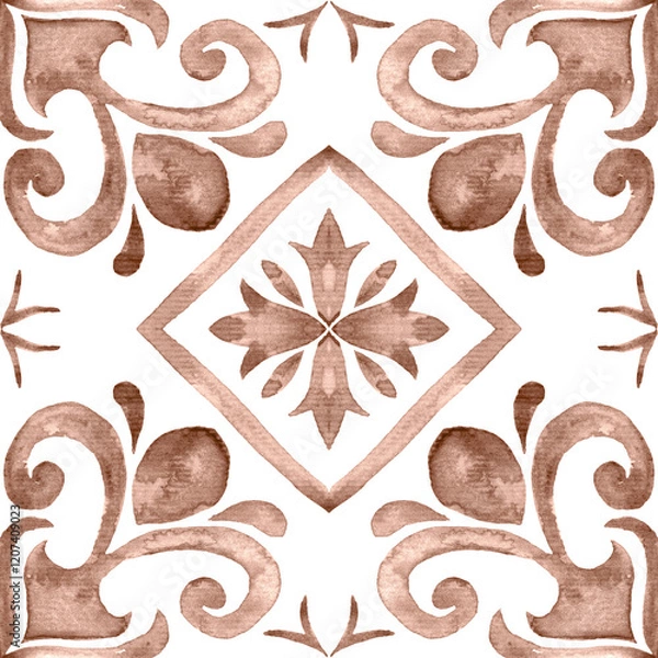 Obraz Watercolor Azulejos Tile in Mocha tones