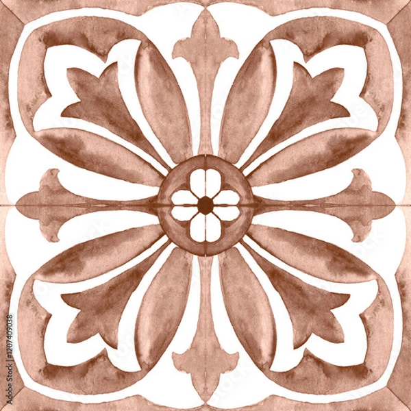 Obraz Watercolor Azulejos Tile in Mocha tones