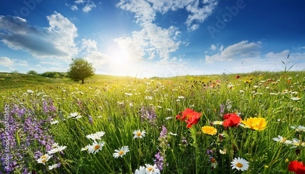 Fototapeta 鮮やかな野生の花々が風にそよぐ、明るく晴れた春の空の下の緑豊かな草原