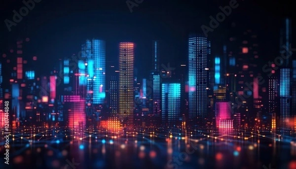 Obraz A vibrant city skyline illuminated with colorful neon lights at night. Skyscrapers rise against a dark backdrop, showcasing a dynamic blend of technology and urban life.
