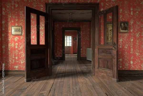 Fototapeta Abandoned interior of an old house with open doorways revealing faded wallpaper and wooden floors filled with nostalgia and mystery