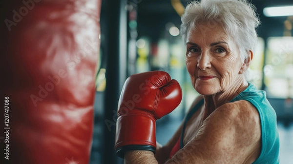 Obraz portrait of a beautiful senior woman boxing with her trainer in a professional gym. wears boxing gloves and athletic wear, with determination and strength in her expression.