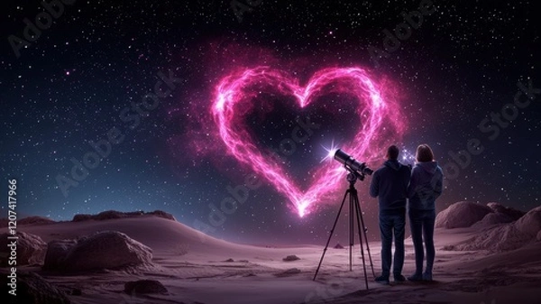 Fototapeta Cosmic Love: A couple stands silhouetted against a breathtaking night sky, gazing at a luminous pink heart-shaped nebula through a telescope. The scene evokes a sense of wonder, romance.