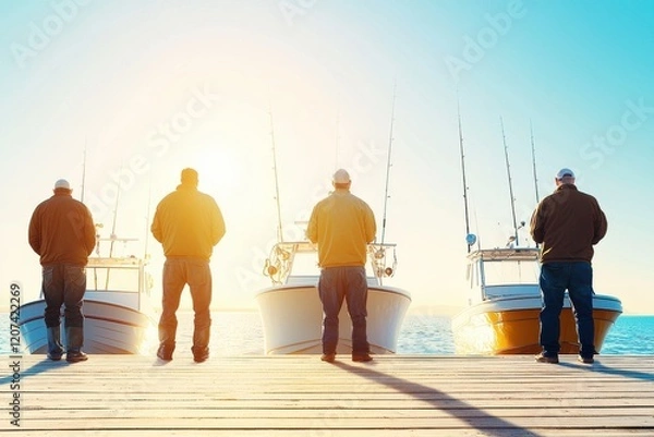 Fototapeta Four fishermen stand on a dock, gazing at their boats under a bright sky, ready for a day of fishing.