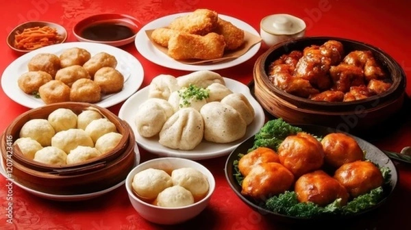 Fototapeta Chinese New Year Family Dinner: A Festive Table Adorned with Fish Balls, Stuffed Buns, and Red Decor, Capturing the Essence of Lunar Celebrations