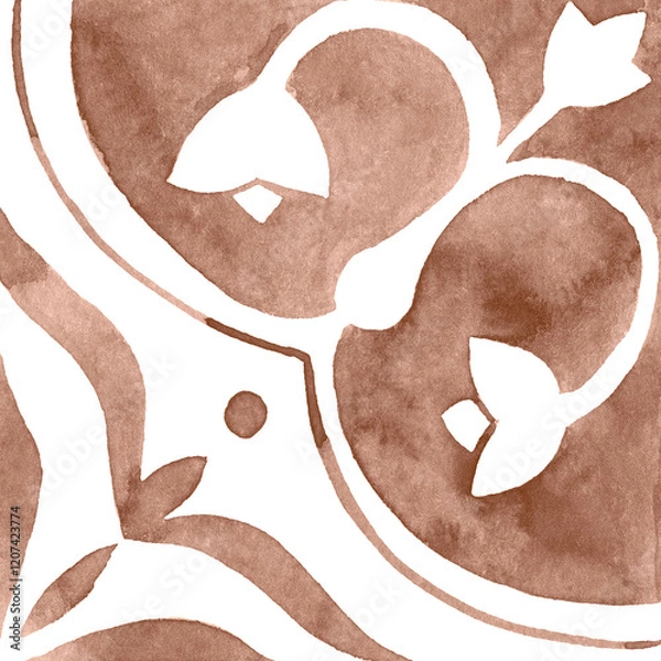Obraz Watercolor Azulejos Tile in Mocha tones