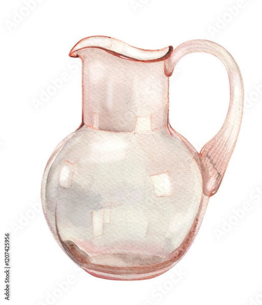 Fototapeta Transparent pink jug with water. Vintage watercolor illustration of pitcher 