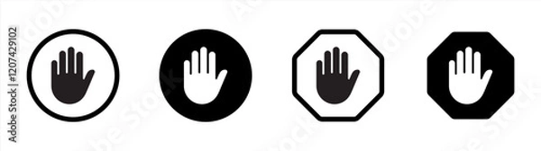 Fototapeta Black stop icon set. Stop sign with hand or palm flat icon for apps and websites. Vector illustration