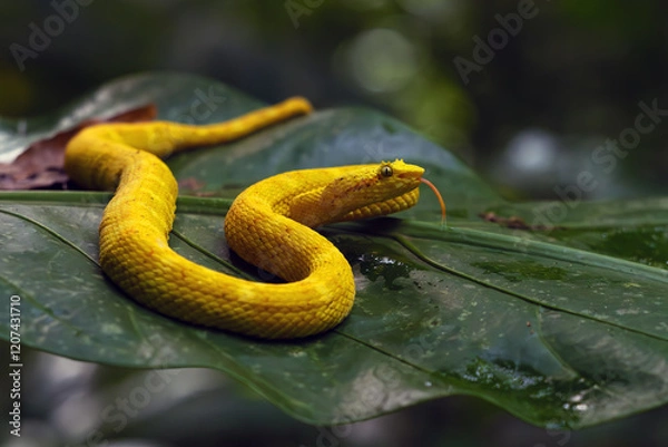 Fototapeta Bothriechis schlegelii, known commonly as the highland eyelash-pitviper or Schlegel's eyelash-pitviper lying on a leaf in the middle of the rainforest with its tongue sticking out.