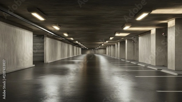 Fototapeta Empty modern parking garage, night, lights, perspective, architecture, background