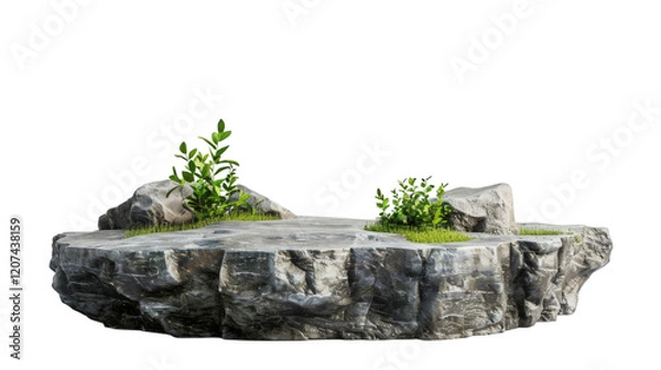 Fototapeta Flat rock podium for product display, isolated on white background