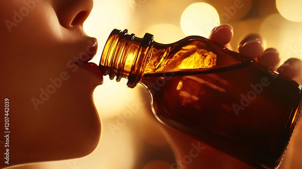 Fototapeta a close-up of a person sipping from an amber glass bottle with golden liquid and warm blurred background bokeh
