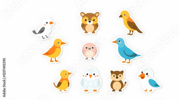 Obraz Cartoon animal, bird round stickers, avatars. Flat style vector illustrations clipart collection of cute animals characters. Pets, farm, zoo icon set for baby clothes, card, Generative AI