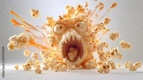 Fototapeta Beware of The Butter Monster. A terrifying popcorn monster with buttery kernels exploding concept
