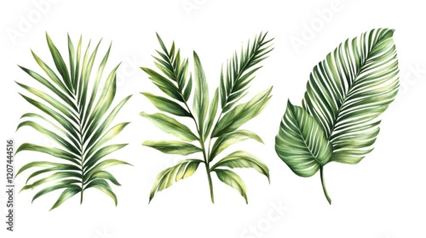 Fototapeta A collection of detailed illustrations featuring various tropical leaves isolated on a white background, perfect for floral designs and decor.