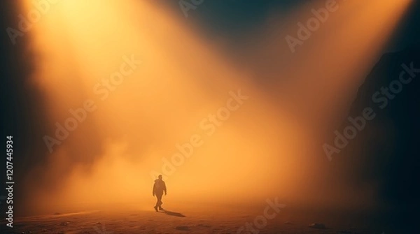Fototapeta A solitary figure walks through a golden, misty landscape.