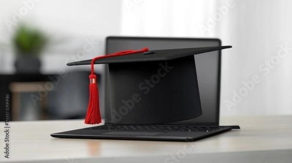 Fototapeta Graduation cap on laptop, home office, online learning