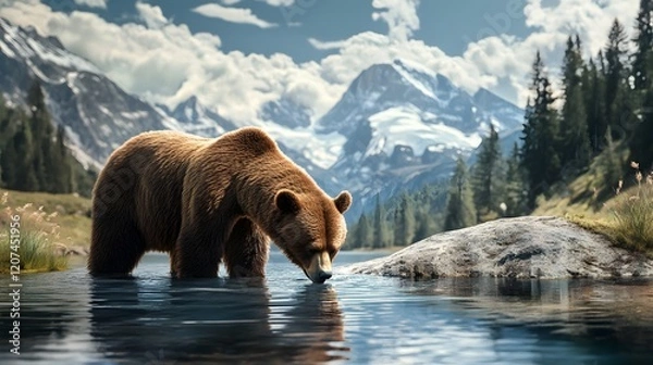 Fototapeta Bear View of a drinking water from a lake