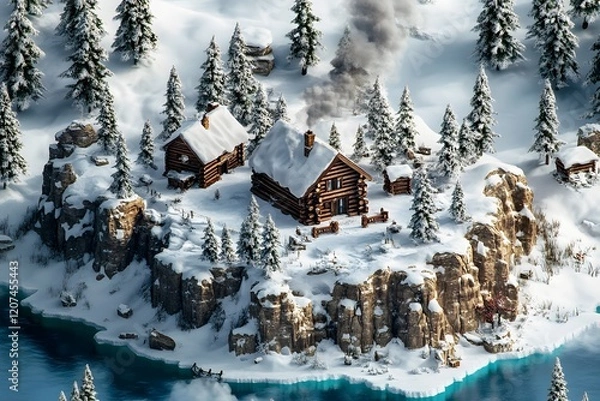 Fototapeta 3D isometric island in a snowy winter theme featuring icebergs, trees, and a serene landscape