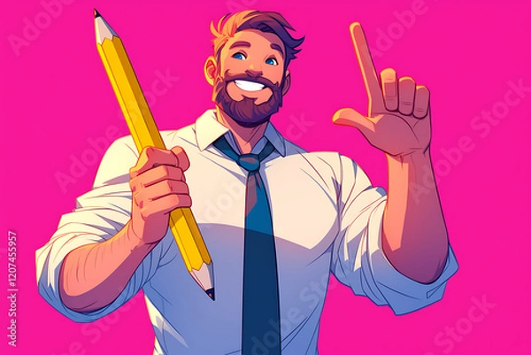 Fototapeta Cheerful man holding a yellow pencil, gesturing with one hand, against a vibrant pink background