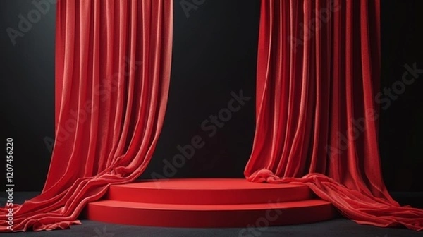 Fototapeta A 3D render of a red podium with an elegant red backdrop.