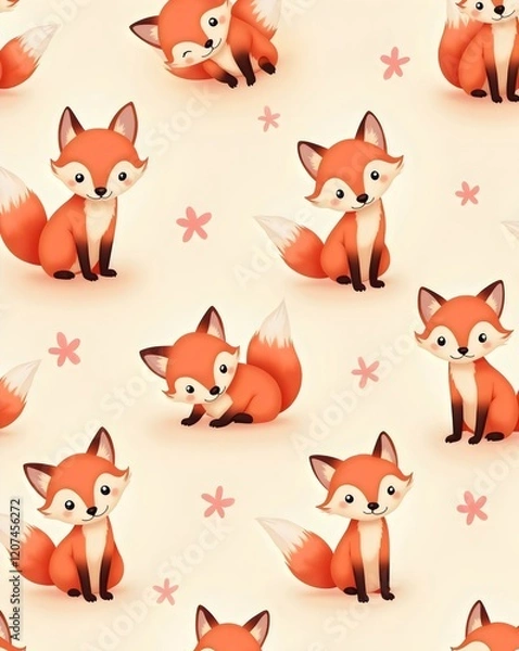 Fototapeta Cute Cartoon Fox Repeat Pattern with Pink Flowers on Cream Background