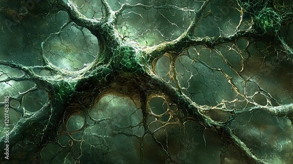 Obraz Intricate green network structure, resembling a neuron or alien landscape.