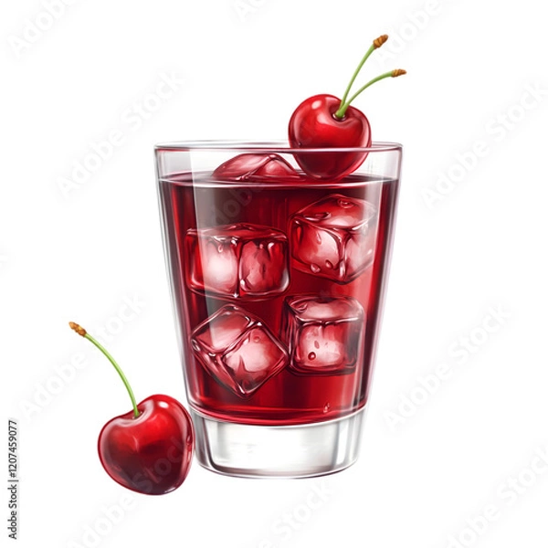 Fototapeta Glass of Cherry Juice with Ice Cubes and Fresh Cherries


