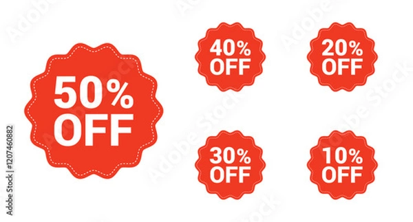 Obraz Red discount labels set with various percentage offers, including 50%, 40%, 30%, 20%, and 10% off on a transparent background for promotions and marketing