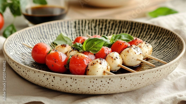 Fototapeta Caprese skewers with balsamic drizzle on a white rectangular platter
