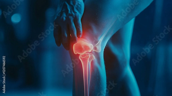 Fototapeta A close-up of the knee joint with red glowing pain areas, highlighted in blue and white