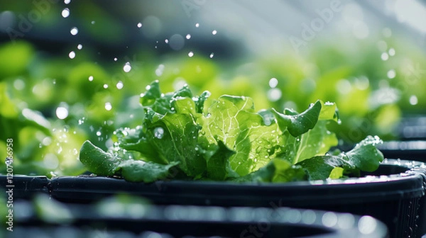 Fototapeta green leaves of lettuce and cherry tomatoes in black plastic pots