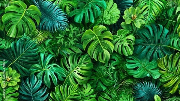 Fototapeta Lush tropical foliage with vibrant green leaves creating a dense jungle pattern background