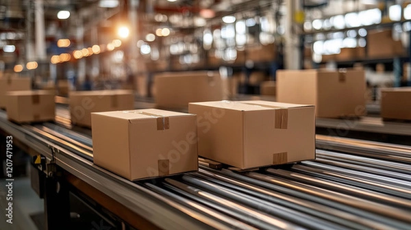 Fototapeta Efficient Production Line Featuring Cardboard Boxes On Conveyor Belt, Logistics, selective focus