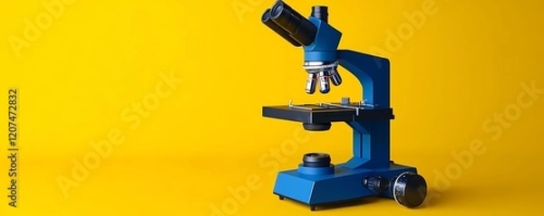 Fototapeta Cobalt Blue Microscope with Sleek and Streamlined Build A futuristic cobalt blue microscope with streamlined edges on a vibrant yellow background.