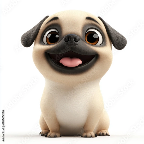 Fototapeta Happy Cartoon Pug With Cheerful Expression on White Background