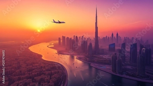 Fototapeta A private jet soars over Dubai at sunset.  It's a fast, modern way to travel, perfect for busy executives.