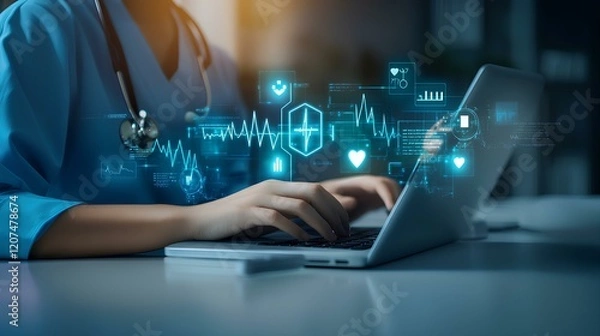 Obraz A doctor wearing scrubs working on a laptop with subtle, minimalist holographic medical data and charts floating above the laptop