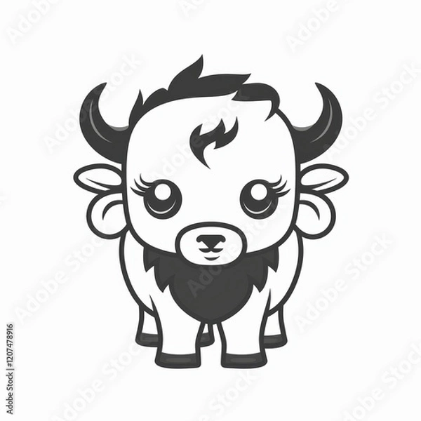 Fototapeta Cute Bison Vector Logo in Flat Black and White Outline Design