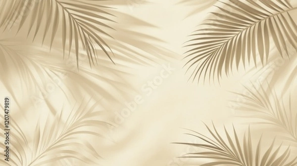 Fototapeta The intricate shadow of palm tree leaves gently falling on a beige background, evoking a serene and tropical ambiance