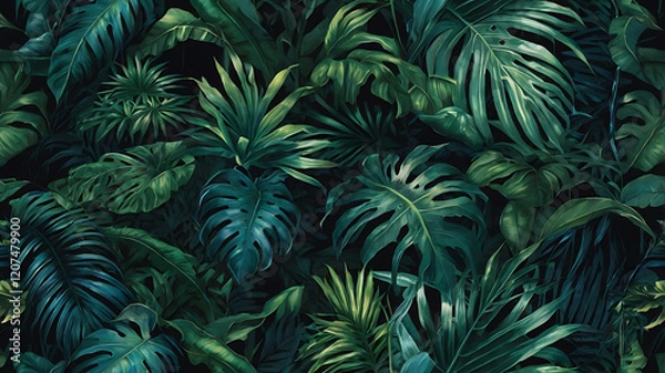 Fototapeta Artistic Tropical Leaves Wallpaper in Blue and Green Lighting, Evoking Tranquility