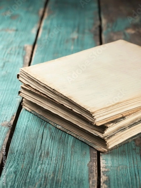 Fototapeta A stack of blank, aged papers rests on a rustic wooden surface, showcasing a vintage aesthetic with a soft focus.