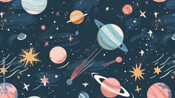 Fototapeta Cute hand drawn space pattern with planets, stars and comets in pastel colors on dark blue background. Celestial childish illustration