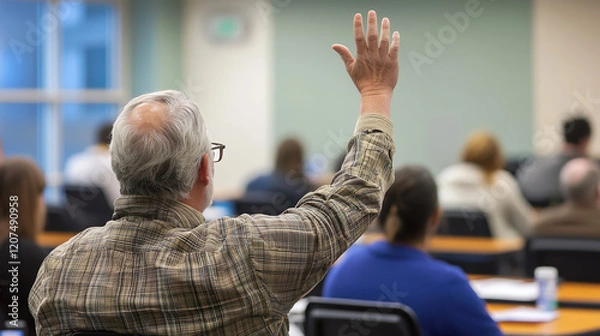 Fototapeta Back view of older student raising his hand to answer teacher's question during education training class.