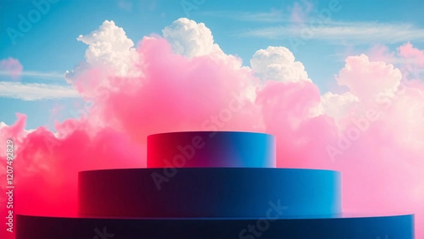 Fototapeta white podium with smoke and cloud effects with bold red lighting