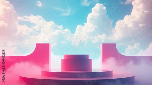 Fototapeta white podium with smoke and cloud effects with bold red lighting