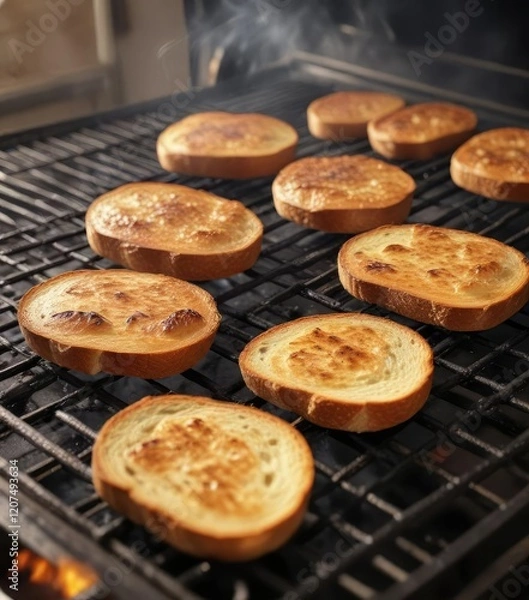 Obraz Baking sheet with freshly baked toasted bread on a grill in the oven , food preparation, baking sheet