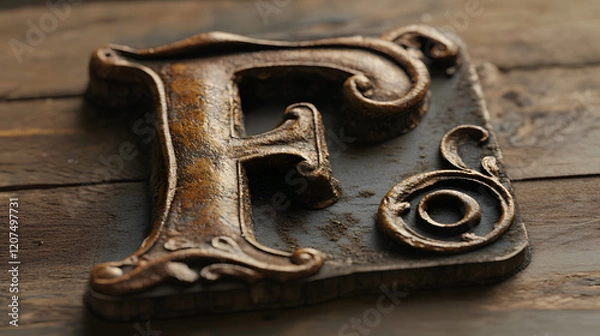 Obraz vintage inspired letter F with ornate curls and rustic finish on wooden surface. design features intricate details and weathered look, adding touch of elegance and nostalgia