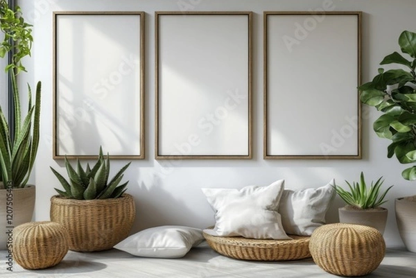 Fototapeta Three empty vertical frames hanging on white wall in modern living room with wicker furniture and plants
